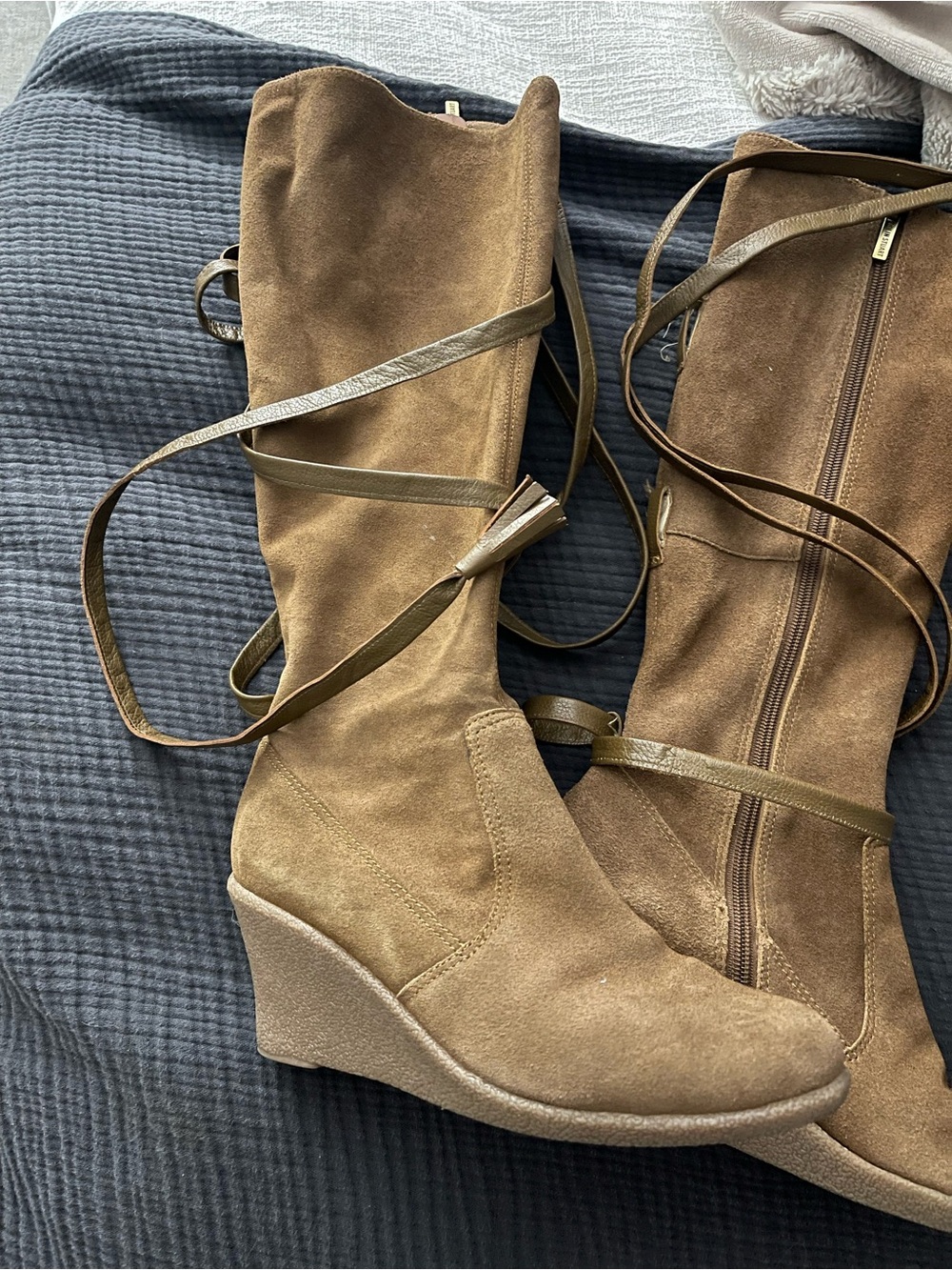 Colin Stuart Brown Suede Lace-Up Wedge Knee-High Boots